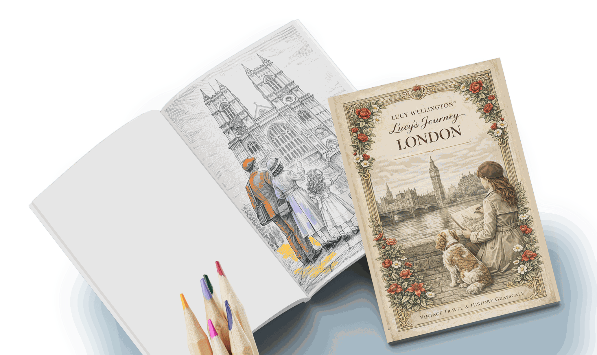 Aufgeschlagenes Lucy's-Journey-Ausmalbuch neben dem Cover der London-Ausgabe